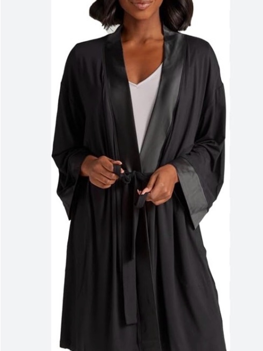 Satin-Trim Black Women's Robe with Waist Tie